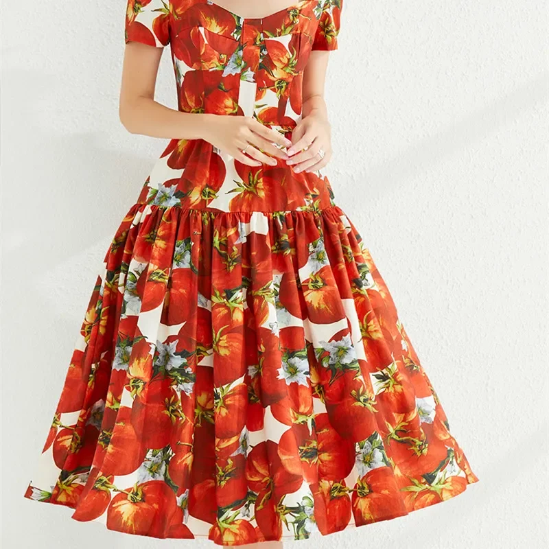 2023 Tomato Flower Red Beach New In Dress Women's Square Collar Short Sleeve Floral Print Backless Lace Up Bow Vestidos