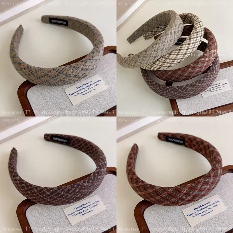 Retro Preppy Style Plaid Wide Edge High Skull Top Hair Hoop