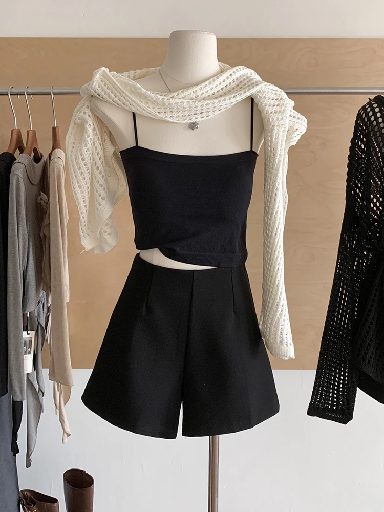 Autumn Women Korean 2000s Aesthetic Y2k Chic Outfits 3 Piece Set Loose Casual Crochet Top + Camisole + High Waist Black Shorts