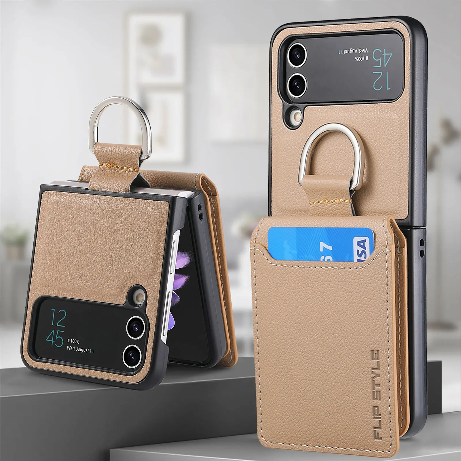 Vertical Cards Solt Magnetic Wallet Ring Holder Leather Case for Samsung Galaxy Z Flip 8 7 FE 6 5 4 Flip4 5G Zflip4 Stand Cover