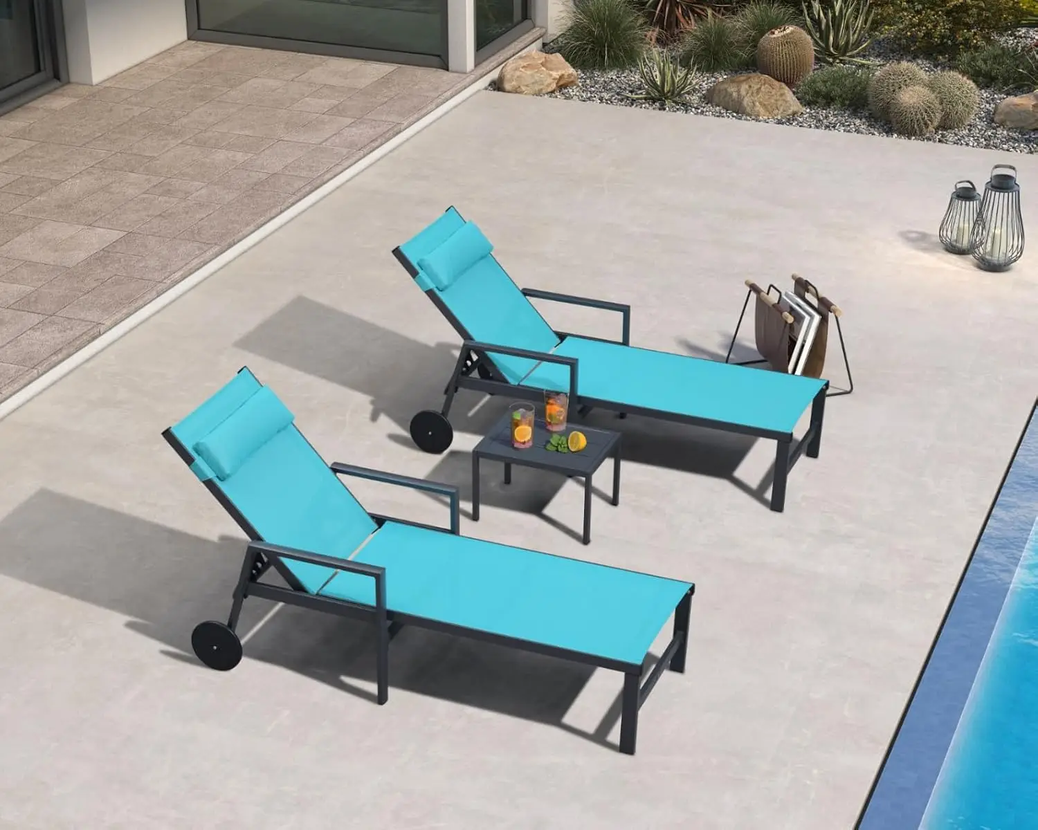 

Комплект из 3 шезлонгов для патио с алюминиевым каркасом, подлокотниками, приставным столиком и колесами для бассейна, на заказ