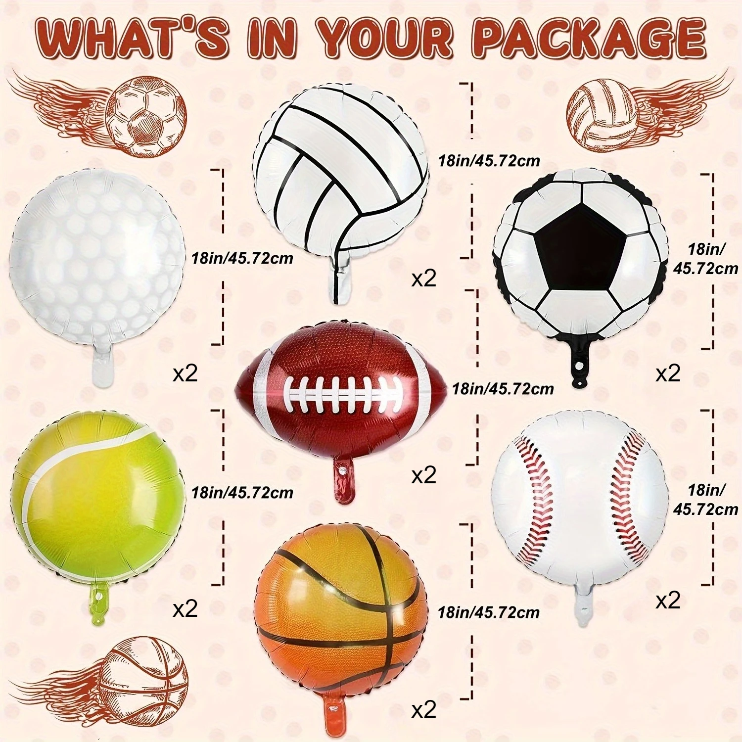 14-teiliges Set Sportballons aus Aluminiumfolie, 45,7 cm, für Baseball, Basketball, Fußball, Volleyball, Tennis, Golf, Party-Dekorationen – Detail 3