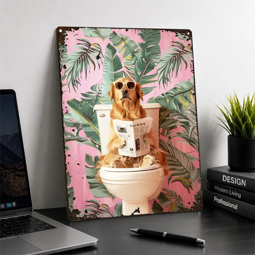 Retriever On Toilet With Newspaper Aluminum Poster Humorous Wall Art For Bathroom Personalized Metal Sign Pet Lover Gift Idea