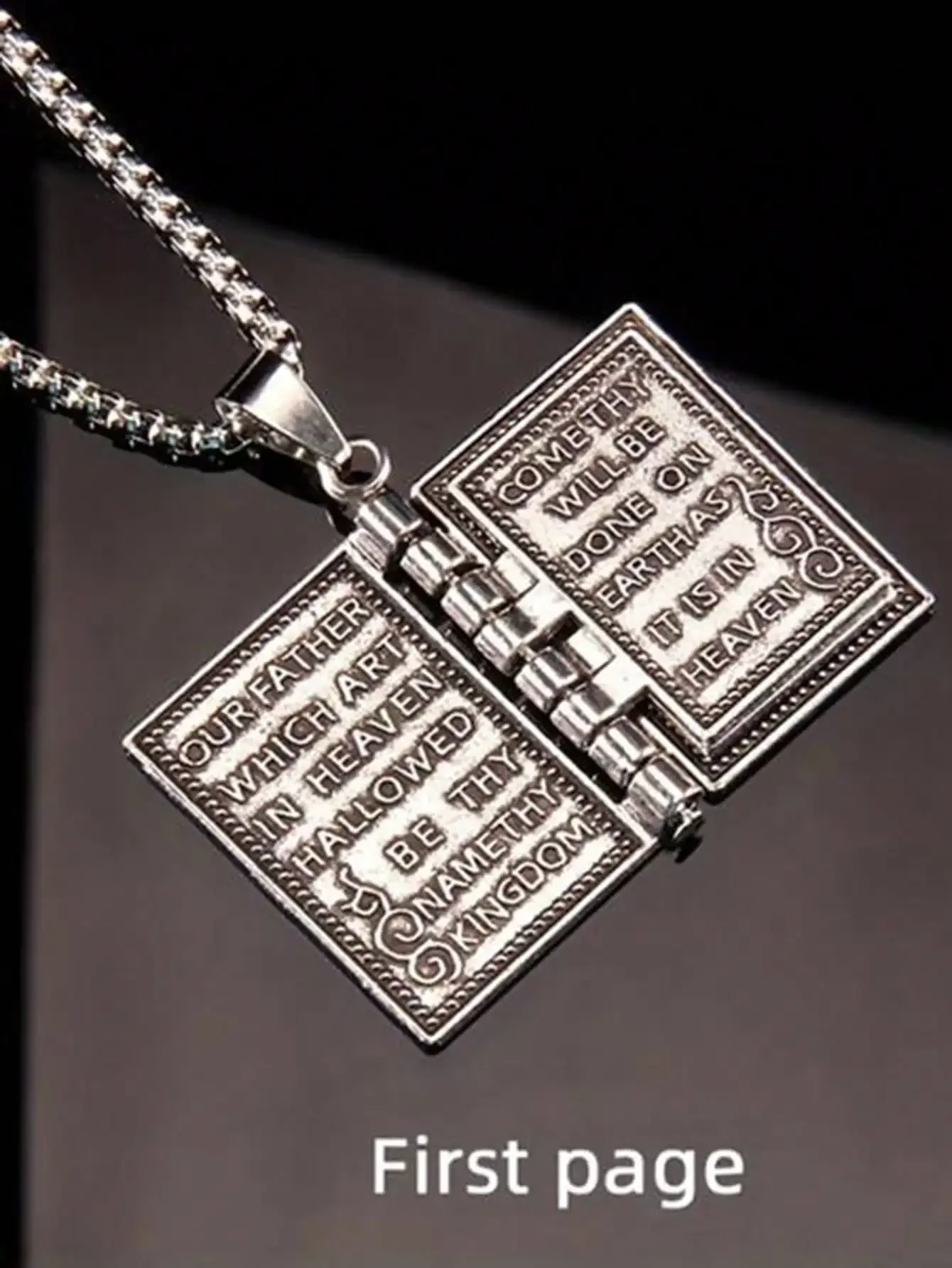 Gothic Reversible Bible Book Shaped Cross Pendant For Women Silver Scripture Pages Turned Necklace