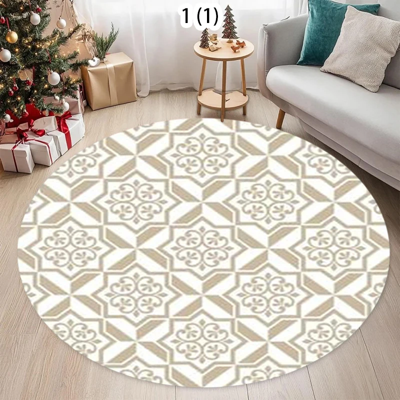 Classic 2D Round Geometric Tile Area Rug for Bedroom Living Room Office Non Slip Washable Floor Mat Home Decorative Soft Carpet