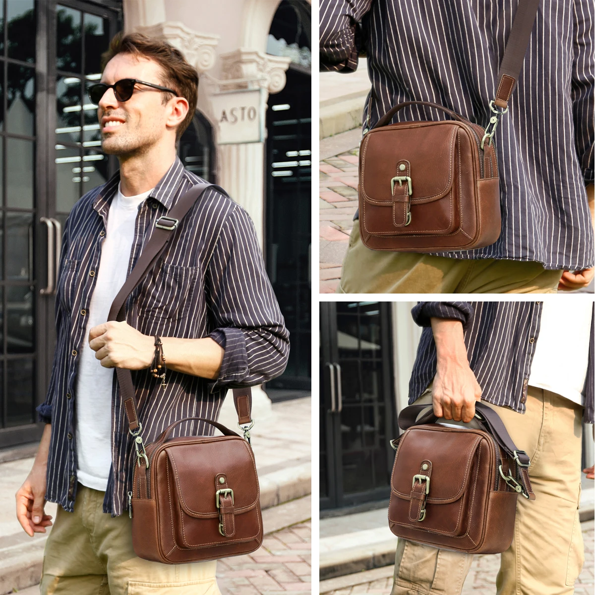 CONTACT\'S Genuine Leather Men Small Messenger Bag Male Vintage Shoulder Bags Brown Handbag Luxury Flap Travel Crossbody Bags