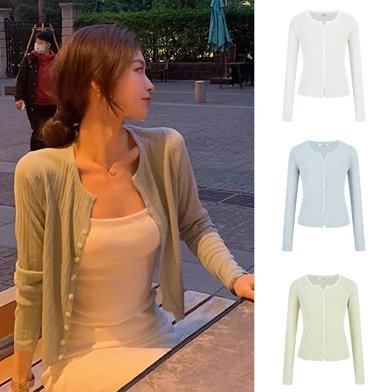 

MosesQueen Summer Thin Knitted Open Cardigan Women's Shawl Sun Protection Long Sleeve Slimming Top Minimalist Style round Neck