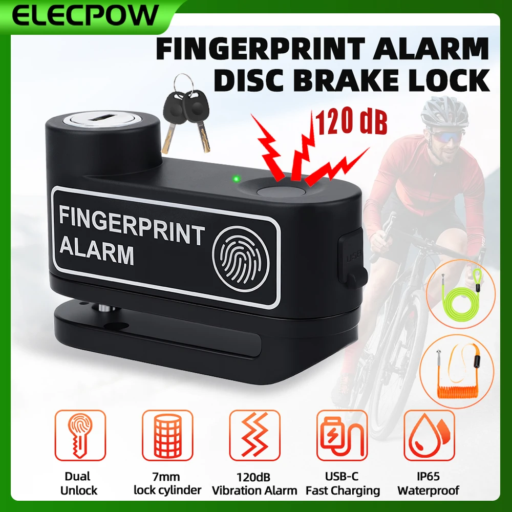 

Elecpow Motorcycle Fingerprint Disc Brake Lock 120dB Anti-Theft Alarm Bicycle Scooter﻿ Wheel Disk Padlock Security Lock ﻿