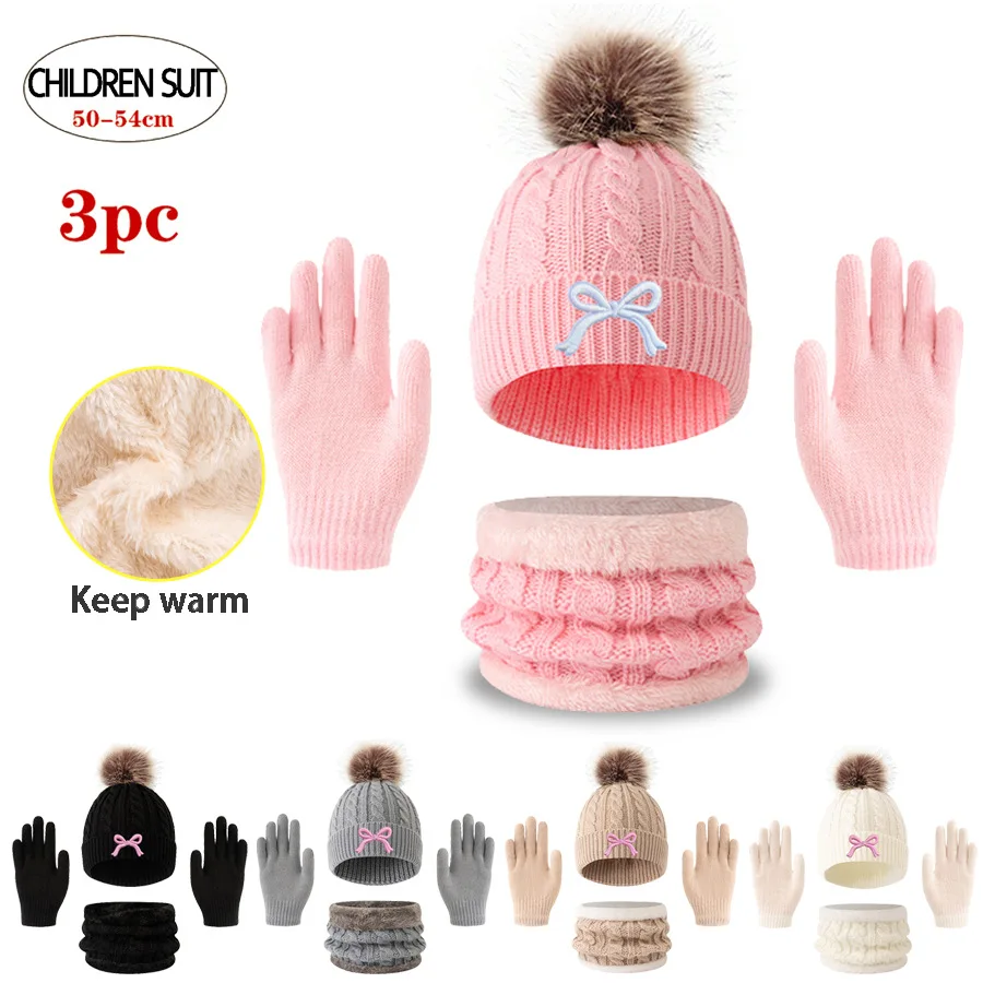 3pcs Fashionable Winter Knitted Hat Scarf Gloves Set Cute Bow Design Warm Fleece Lined Comfortable For Christmas Gift