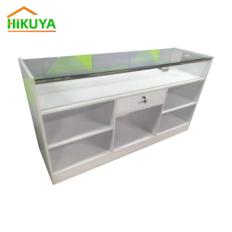 custom.HIKUYA Factory Direct Cash Register Reception Desk with Glass Shelf
