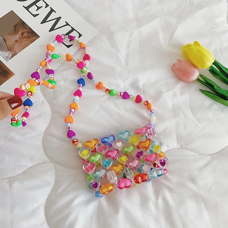 Jelly Color Love Beaded Bag DIY Hand Woven Bead Bag Female Summer Heart-shaped Armpit Bag  Luxury Designer Purses and Handbags