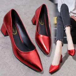 Pointed Toe Square Heels Women's Shoes with Medium Block Heel Shallow Ladies Footwear Formal Red Chunky Lastest Elegant Dress A