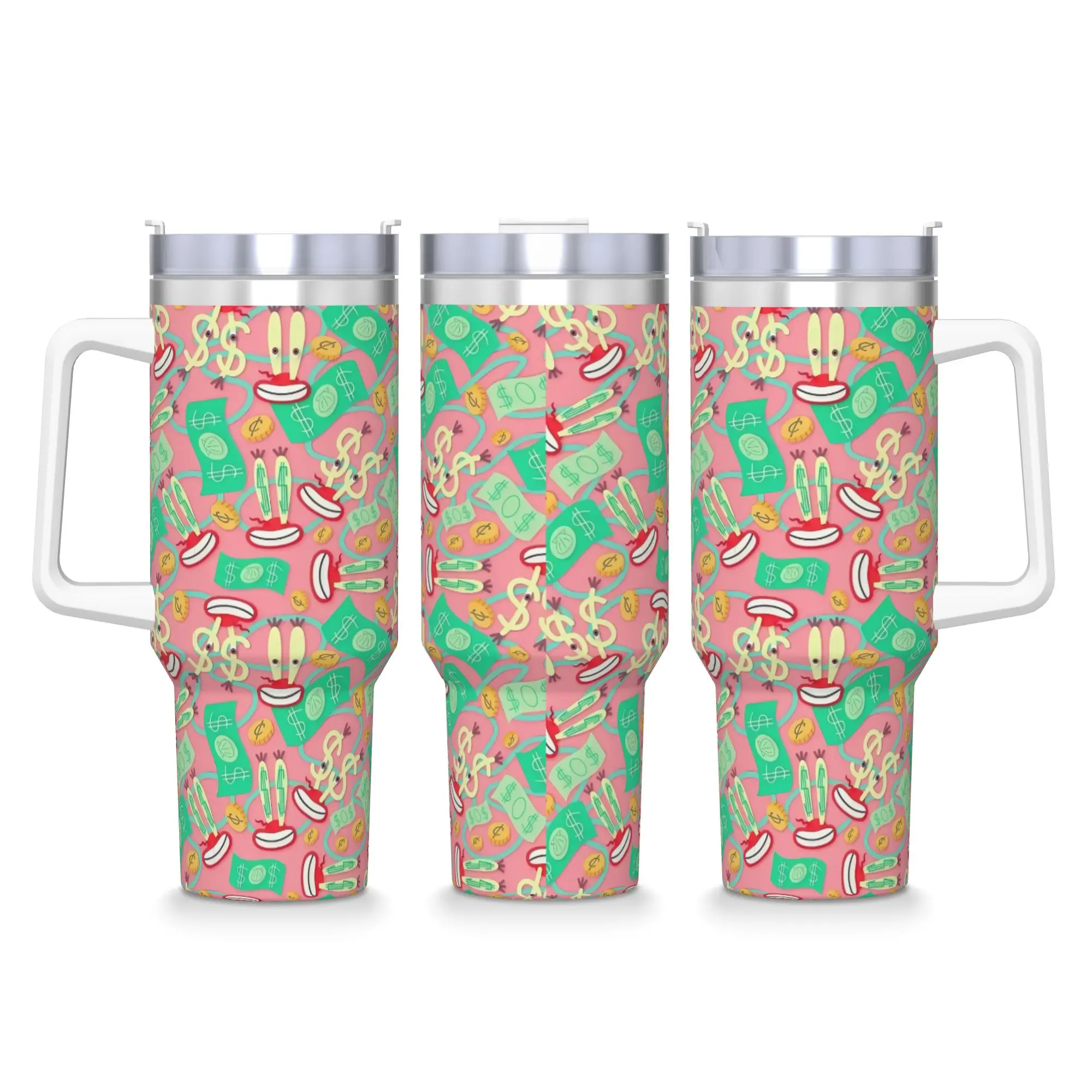 Stainless Steel Tumbler SpongeBobs Macaron Pastel Floral Car Mugs With Straws Cold Drink Water Bottle Large Capacity Coffee Mug