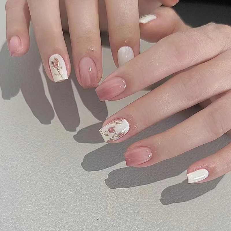 Uñas florales simples, gradiente francés corto, 24 piezas, con 1 pegamento de gelatina y 1 lima de uñas