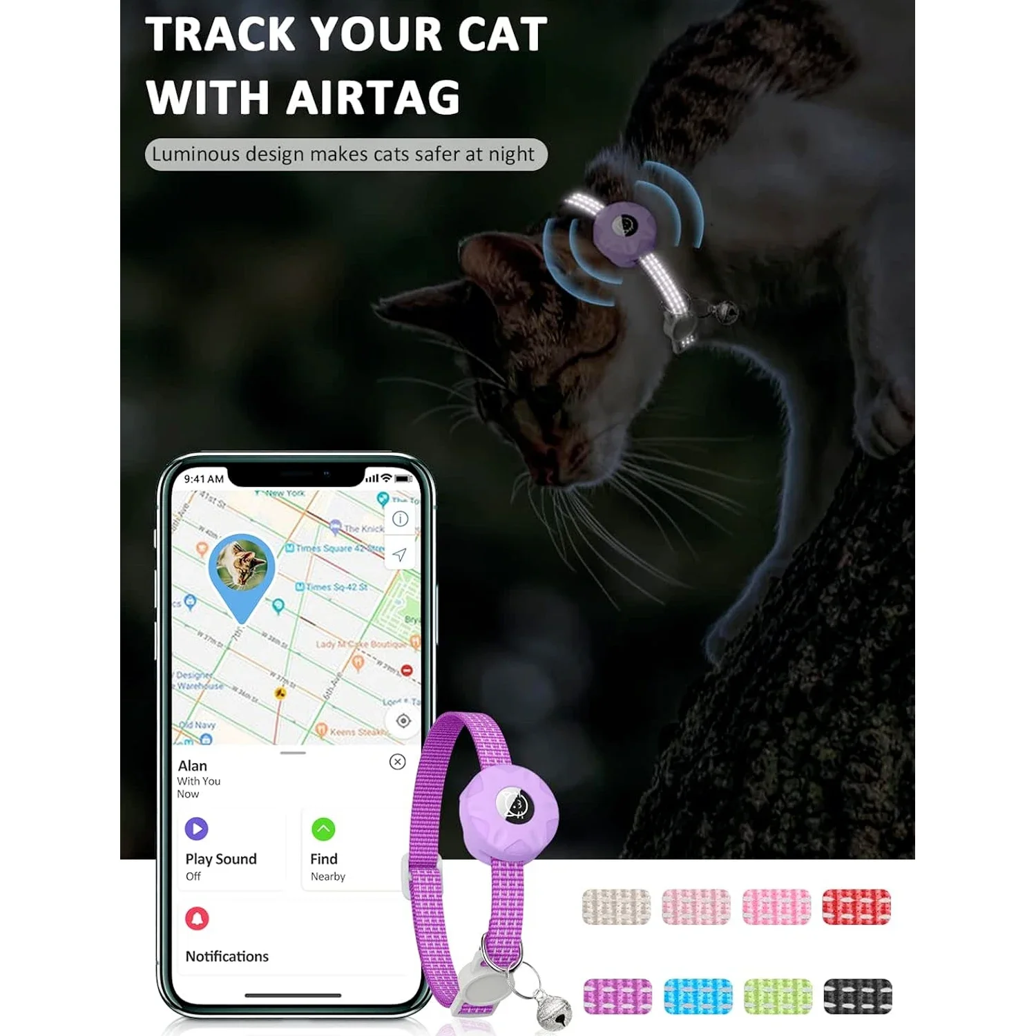 Anti-Lost Cat Collar with Airtag Holder and Bell, Kitten Collars with GPS Tracker Protective Case Reflective Cats Necklace