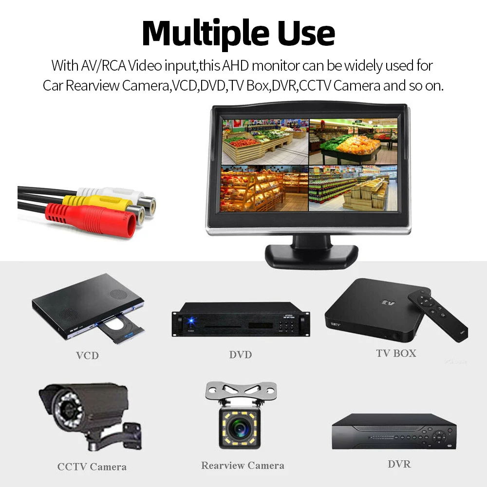 BOENKAI 5นิ้ว AHD รถสำหรับย้อนกลับกล้องสำรองข้อมูลสีหน้าจอ RCA จอแสดงผลสนับสนุน AHD สัญญาณ CVBS วิดีโอ2อินพุต