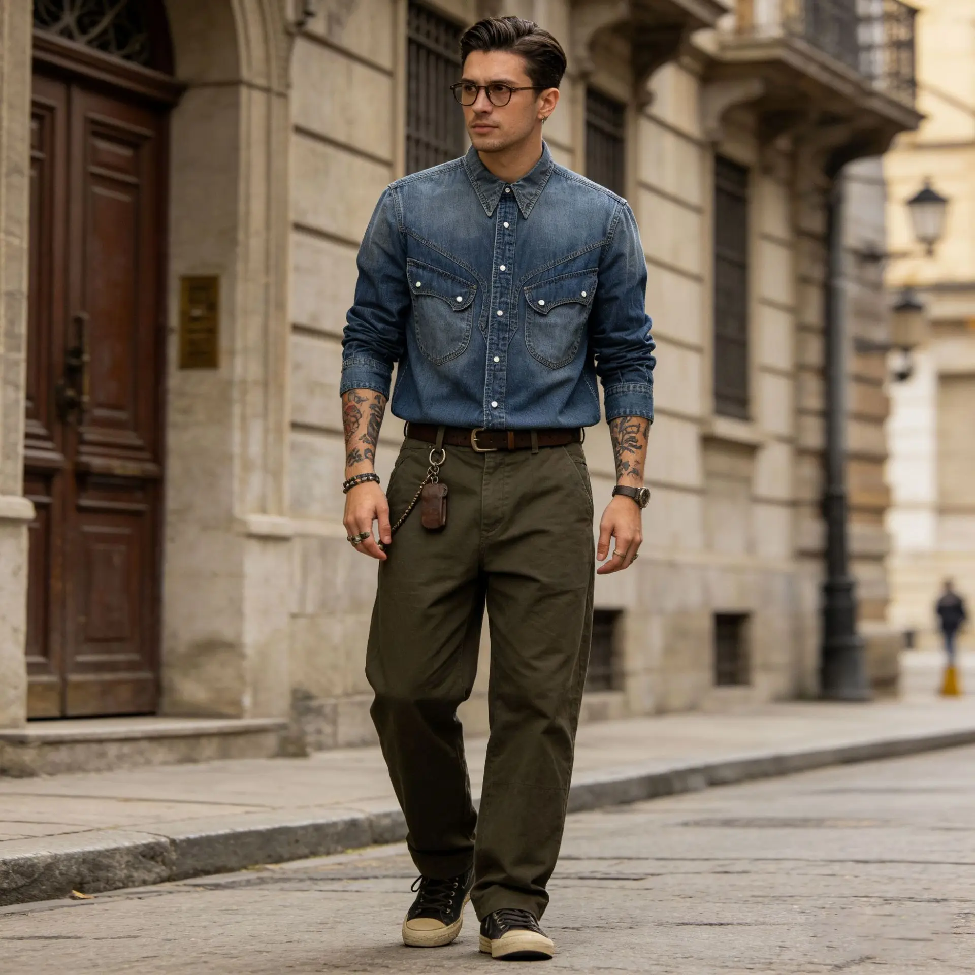 American Retro Pearl Button Original Color Washed Bamboo Knot Western Denim Shirt White Shirt Western