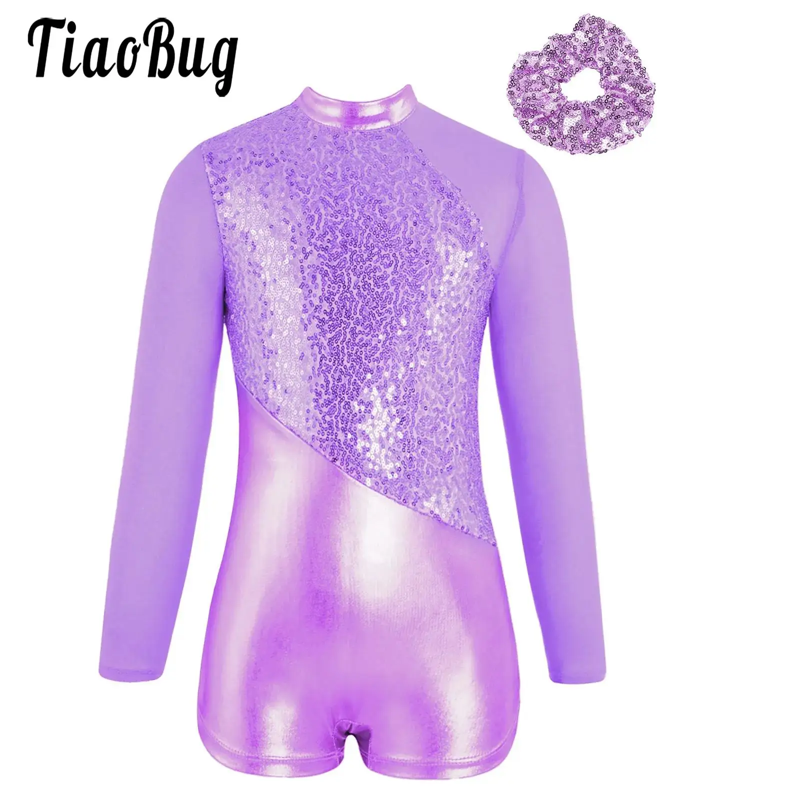 Kids Girls Latin Jazz Dance Costumes Sparkling Sequin Long Sleeve Zipper Leotard Jumpsuit and Headwear Show Performance Clothes