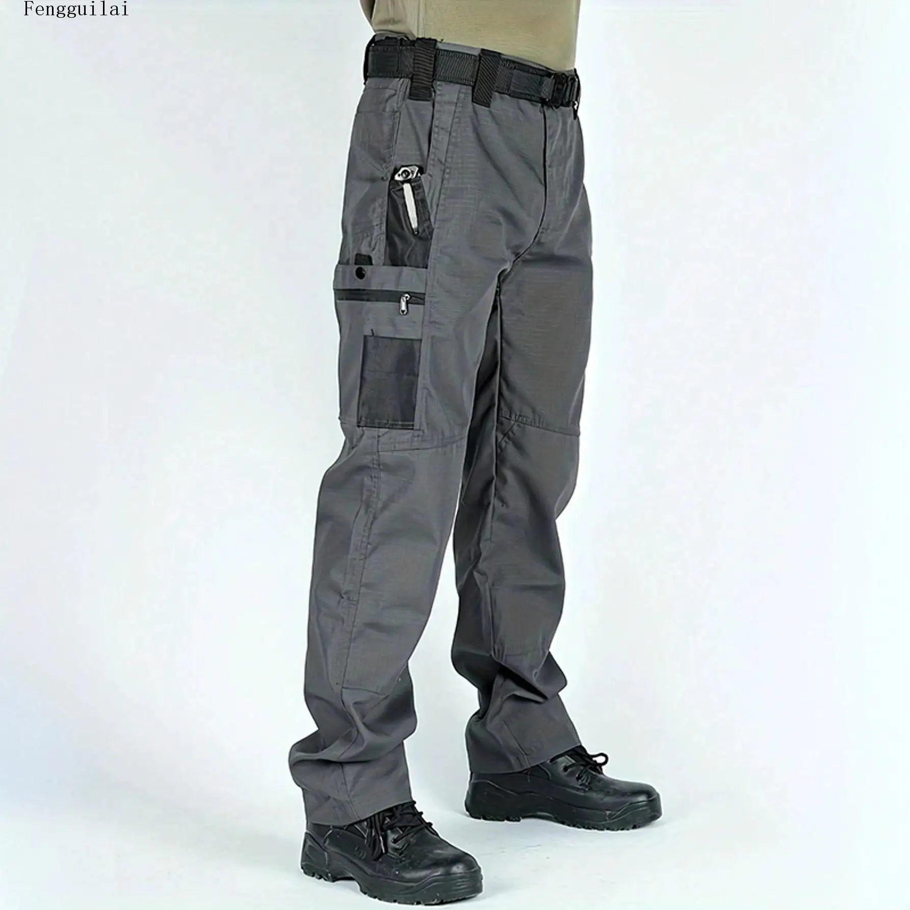 Men Tactical Cargo Pants Ripstop Fabric Multi Pockets Elastic Waist Outdoor Hiking Work Wear Straight Long Trousers