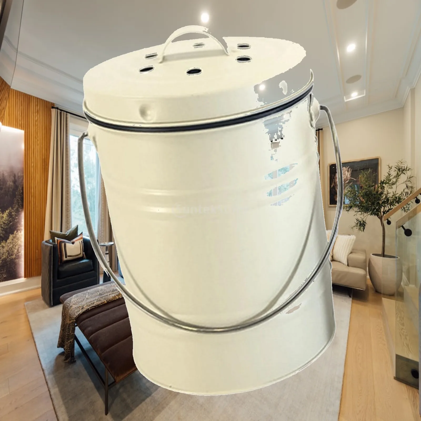 Composting Bin with Basket Iron Material Rubbish Container with Lid Small Elegant Trash Can for Kitchen