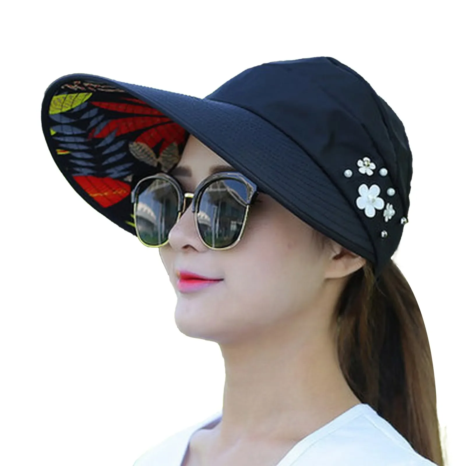 Summer Hats For Women Foldable Sun Hat Pearl Flower Visor Suncreen Floppy Cap Female Outdoor Casual Baseball Cap For women