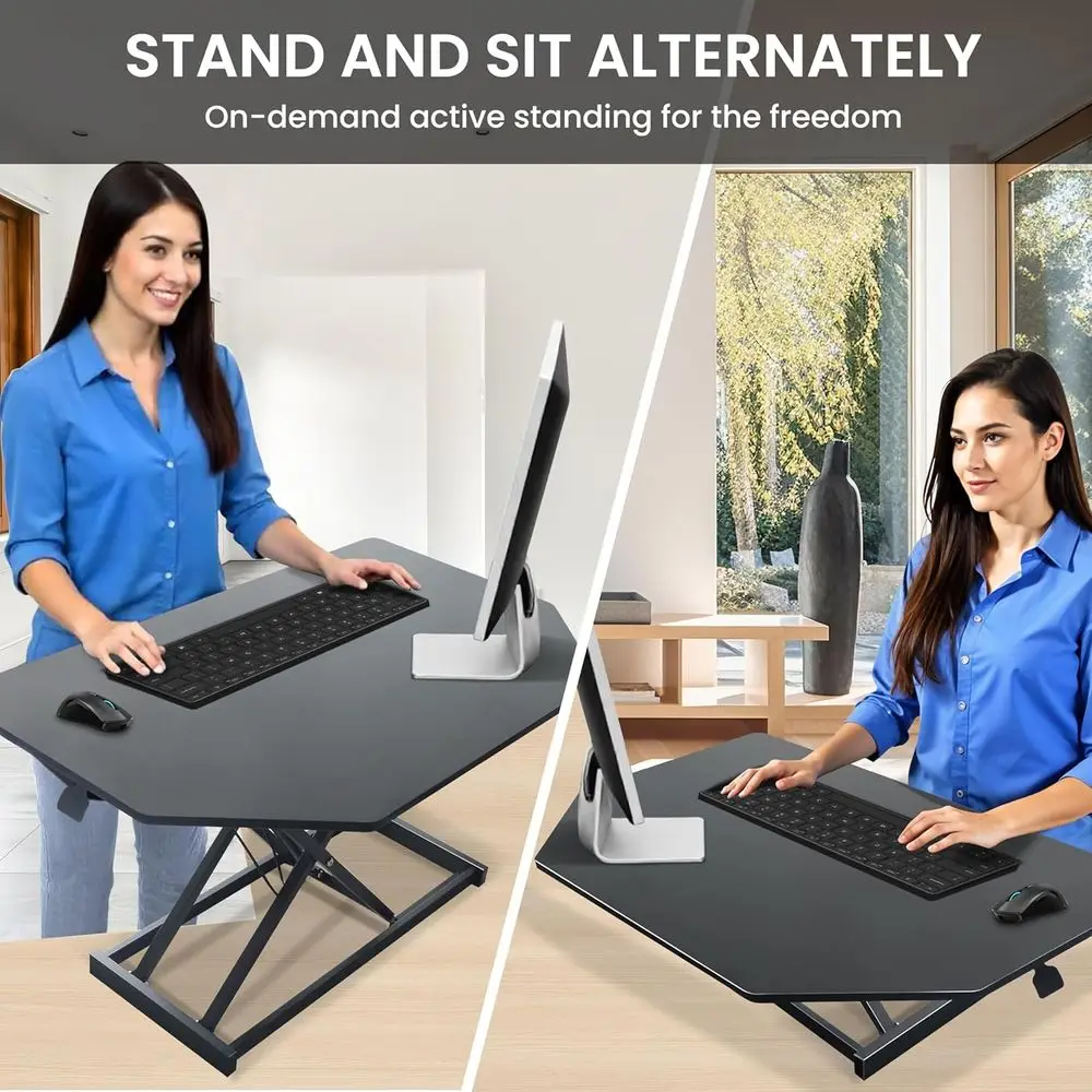 32 inch Black Corner Height Adjustable Standing Desk Converter, One-Click Sit to Stand up Desk Riser, Pre-Assembled for Dual Mon