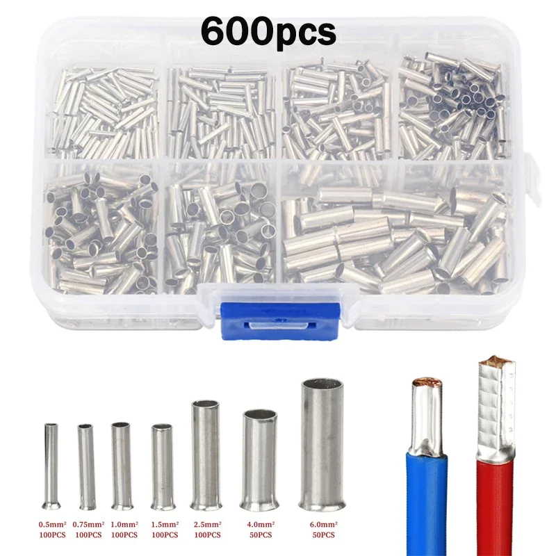 600Pcs Tin-coated Uninsulated Crimp Terminal Bootlace Ferrules Cord End Terminal Electrical Wire Cable Connector 0.5mm2-6.0mm2