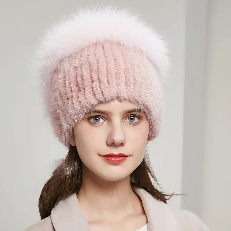 

True Fox Fur Grass Hat Mink Knitted Hat Winter Warm Fashion Elastic Mink Hat with Diamonds