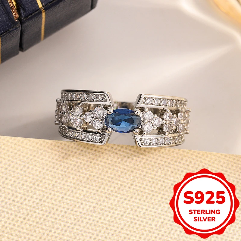 

Классическое настоящее серебро S925, полое овальное сапфировое кольцо с четырьмя когтями, геометрическое кольцо для пары, женское подарочное ювелирное изделие на День святого Валентина