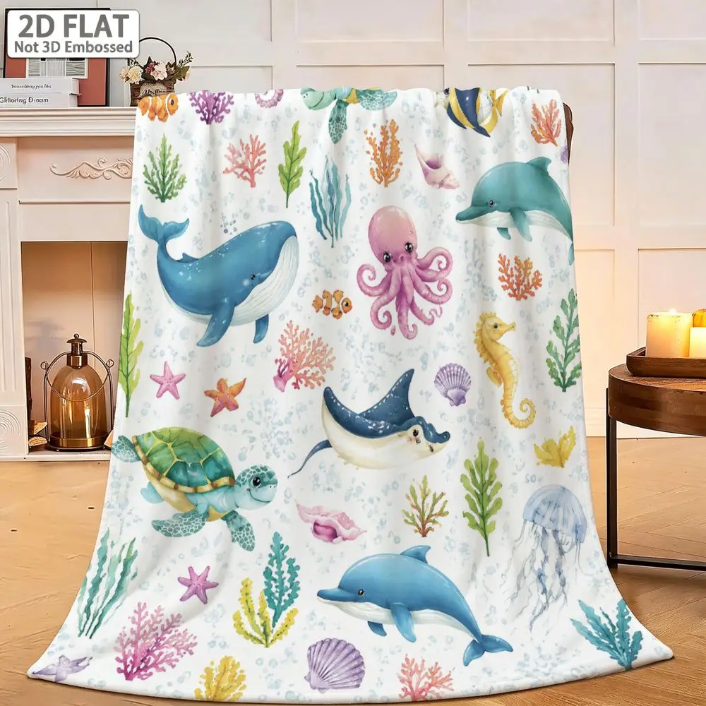 Printed Throw Ocean Sea Life Turtle Whale for Couch Bedroom Sofa