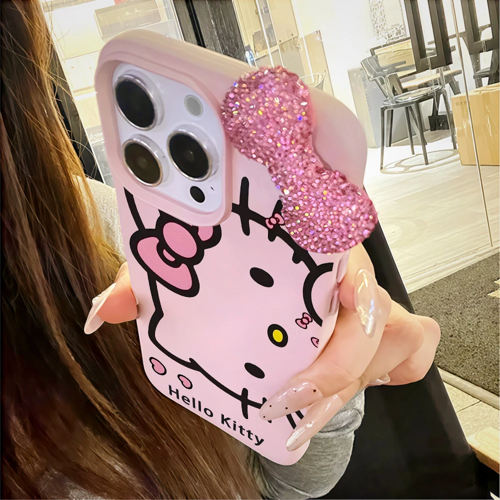Capa de Celular Kawaii Rosa Hello Kitty para iPhone 17 16 14 15 13 12 11 Pro Max 17 Air 15 16 Plus XR X com Padrão de Lichia Macio