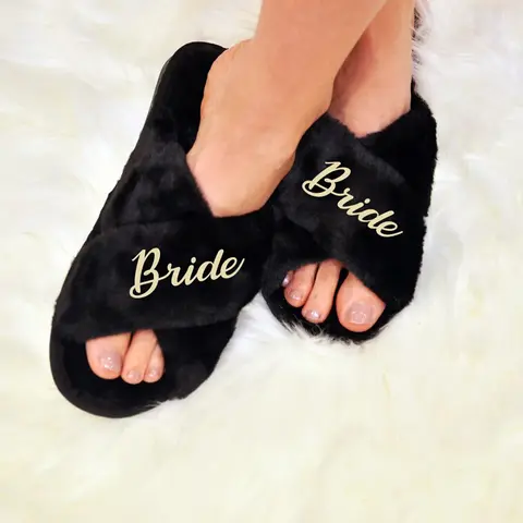 Bride White Black Fluffy Cross Slipper Wedding Bachelorette Party Decoration Supplies Bridal Shower Accessories Bride To Be Gift