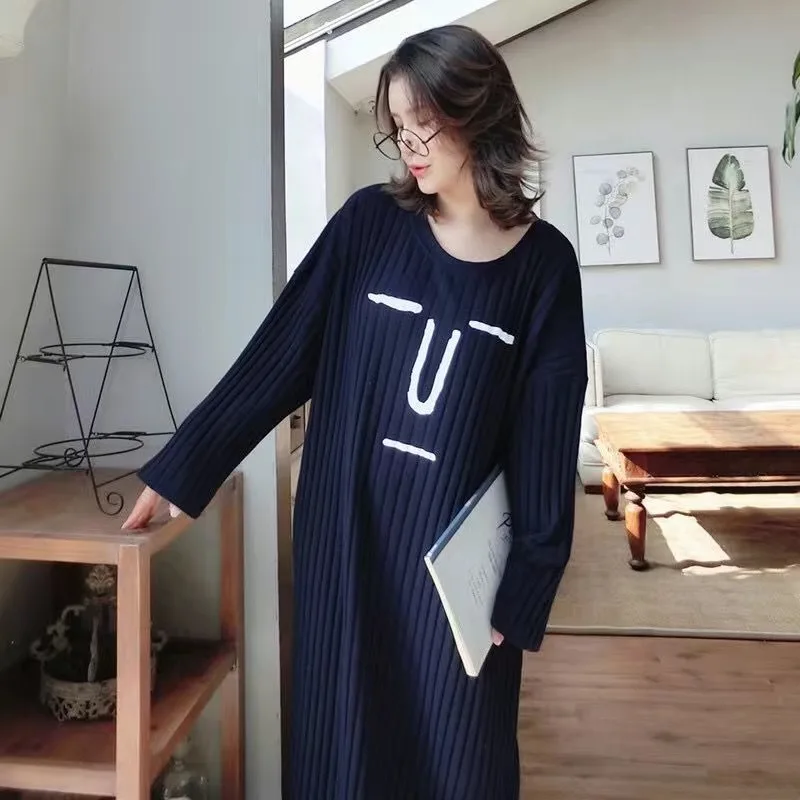 Women's Long Sleeve Loose Nightgowns, Warm Homewear Pyjama, Chic Leisure, Mid-calf, Soft, Korean Style, Primted, 5XL, Autumn