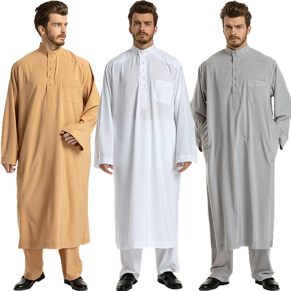 2PCS Saudi Mens Thoub Jubba Abaya Muslim Arabic Robe Pant Dubai Thobe Kaftan Dress Dishdasha Turkey Caftan Suit Islamic Clothing