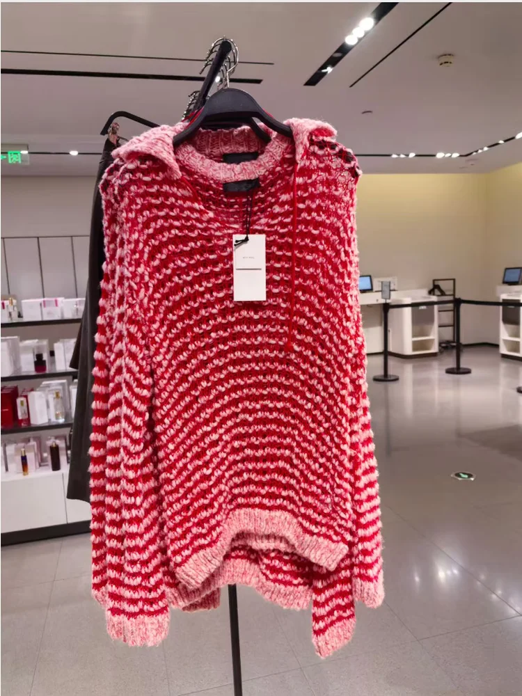 

Sweet Sle Women's Knitted Ne Sweater Mixed Fiber Hollow out V-Ne New Autumn Faion Ladies' Loose Fit Long Sve