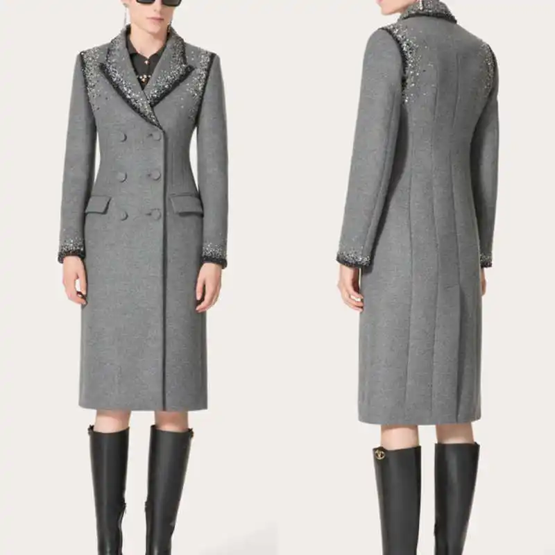

Charming Women Overcoat 1 Piece Slim Double Breasted Fashion Sequin Crystal Coat Autumn Winter Outdoors Warm Customized