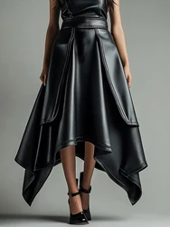 2025 New Women's PU Leather Skirt Fashion Office Ladies Layered Irregular Hem High Waist Slim Maxi Length Women's Skirts Female