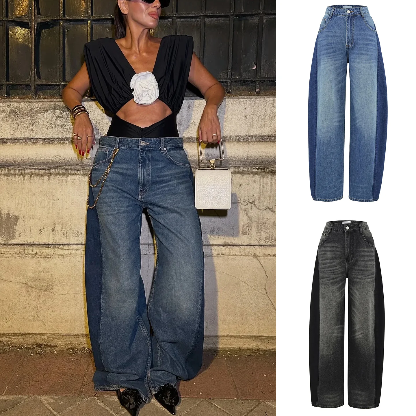 

Winter New Women's High Waist Loose Fit Patchwork Waed Effect American Retro Sle Wide Leg Jeans Pants Ladies Premium