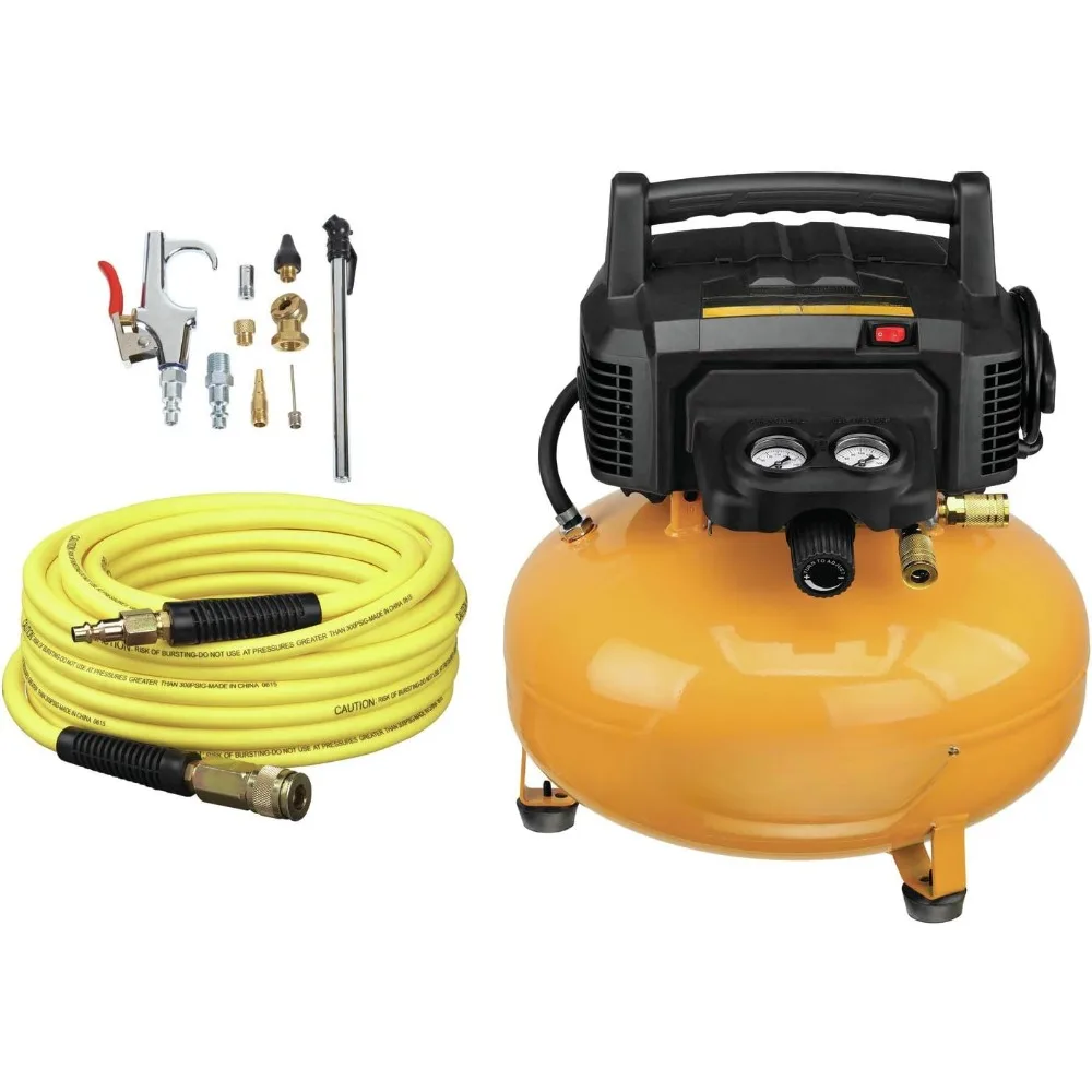 Air compressor kit, oil-free, 6 gallons, 150 PSI High flow regulators and bicouplers maximize the performance of pneumatic tools