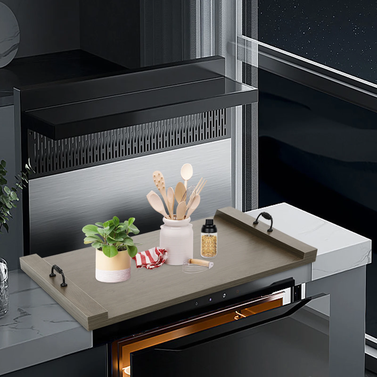 Countertop Kitchen Stove Top Cover, Solid Wood Decorative Stove Top Cover，with Handles，30x22 Inches Wood Cover