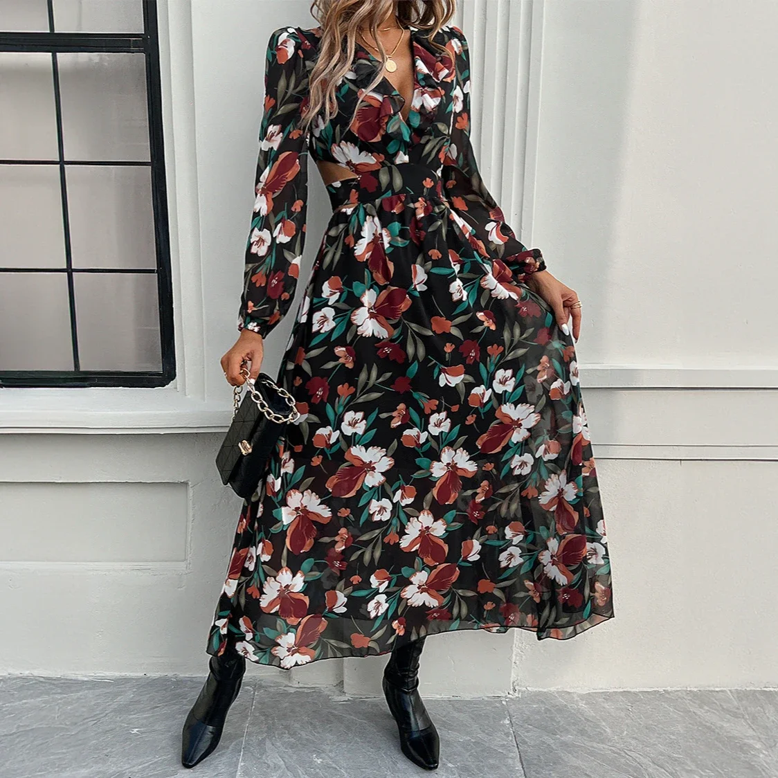 Boho Strand Sexy Tiefem V-ausschnitt Taillelose Maxi Kleider Frauen Robe Vintage Langarm Floral Gedruckt Kleid Sommer Casual Vestidos