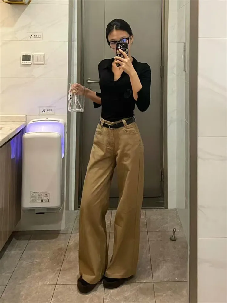 

Американские ретро-джинсы с низкой посадкой и широкими штанинами для женщин, свободные, стройнящие, весенне-осенние, удлиненные в пол, повседневные, с эффектом потертости