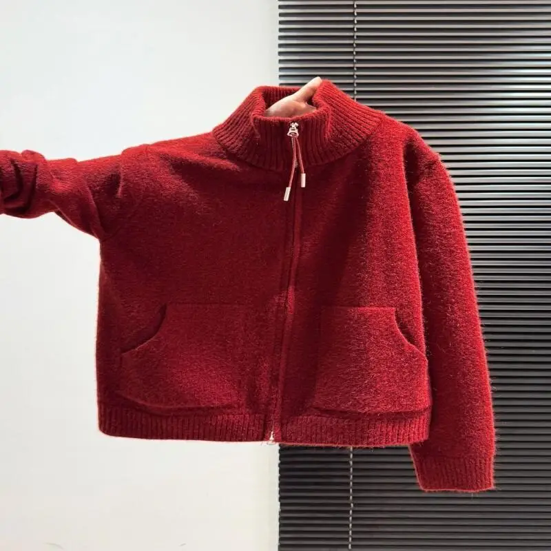 

Женский красный толстый вязаный свитер на молнии с высоким воротом, зимний свободный непринужденный уютный пуловер для рождественских праздничных нарядов, модные топы