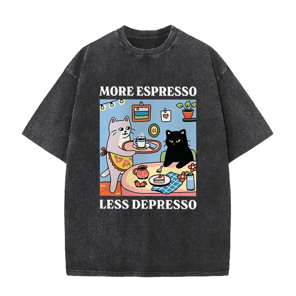 2026 Women More Espresso Less Depresso T Shirt Cute Coffee Cat Graphic Tee Casual Short Sleeve Summer Tops For Coffee Lovers