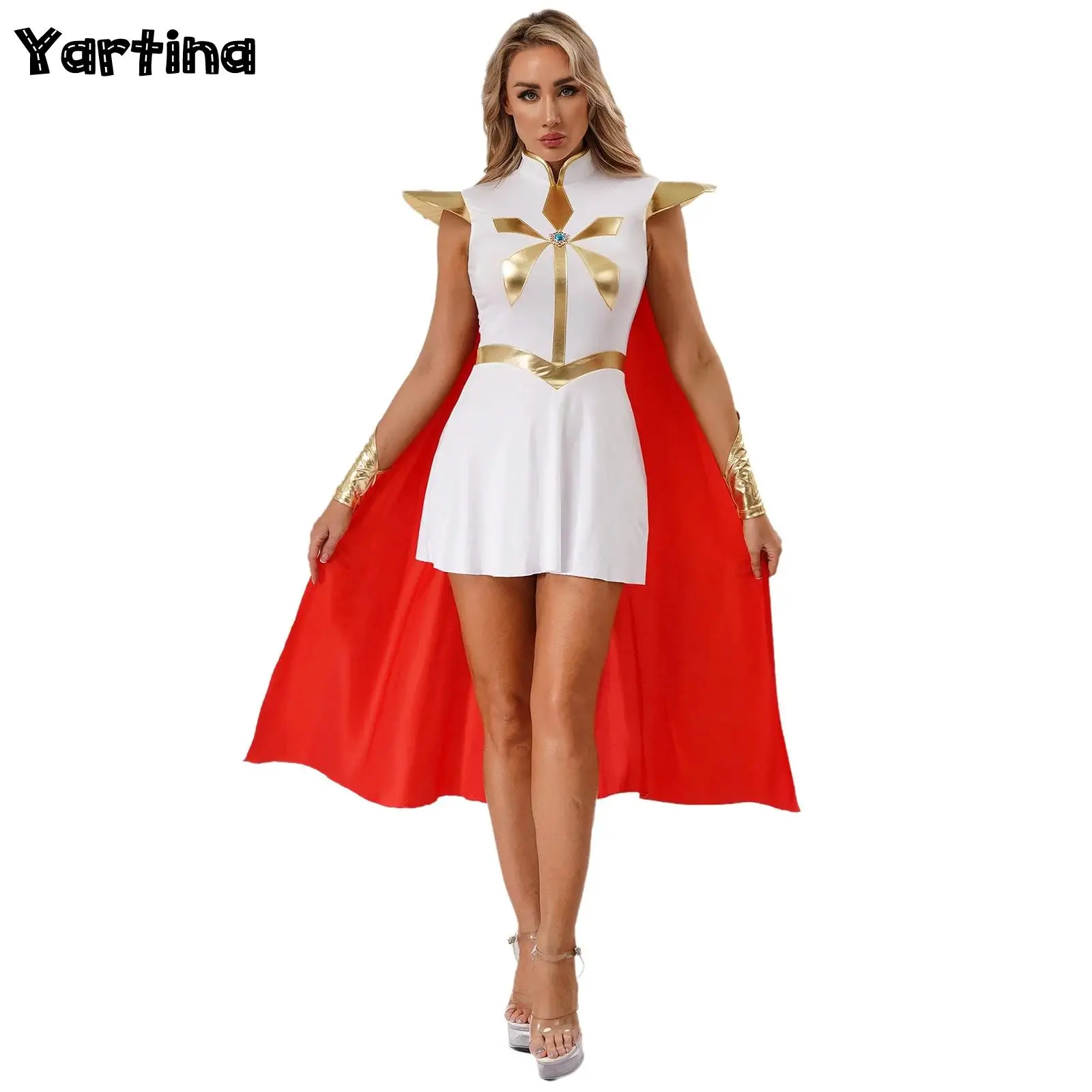 

Womens Power Princess Cosplay Costume Metallic Glossy Chest shiny Rhinestone with Cloak And Oversleeve Halloween Outfits