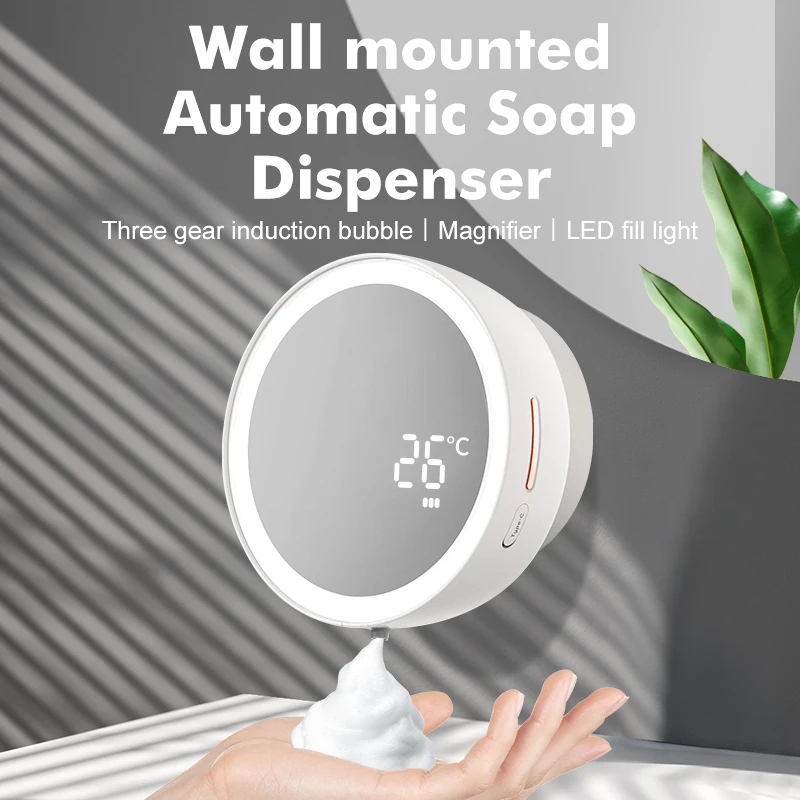 Hotel Home Beauty Mirror Automatic Soap Dispenser 1500mAh Rechargeable Wall-mounted Hand Washing Machine with Digital Display