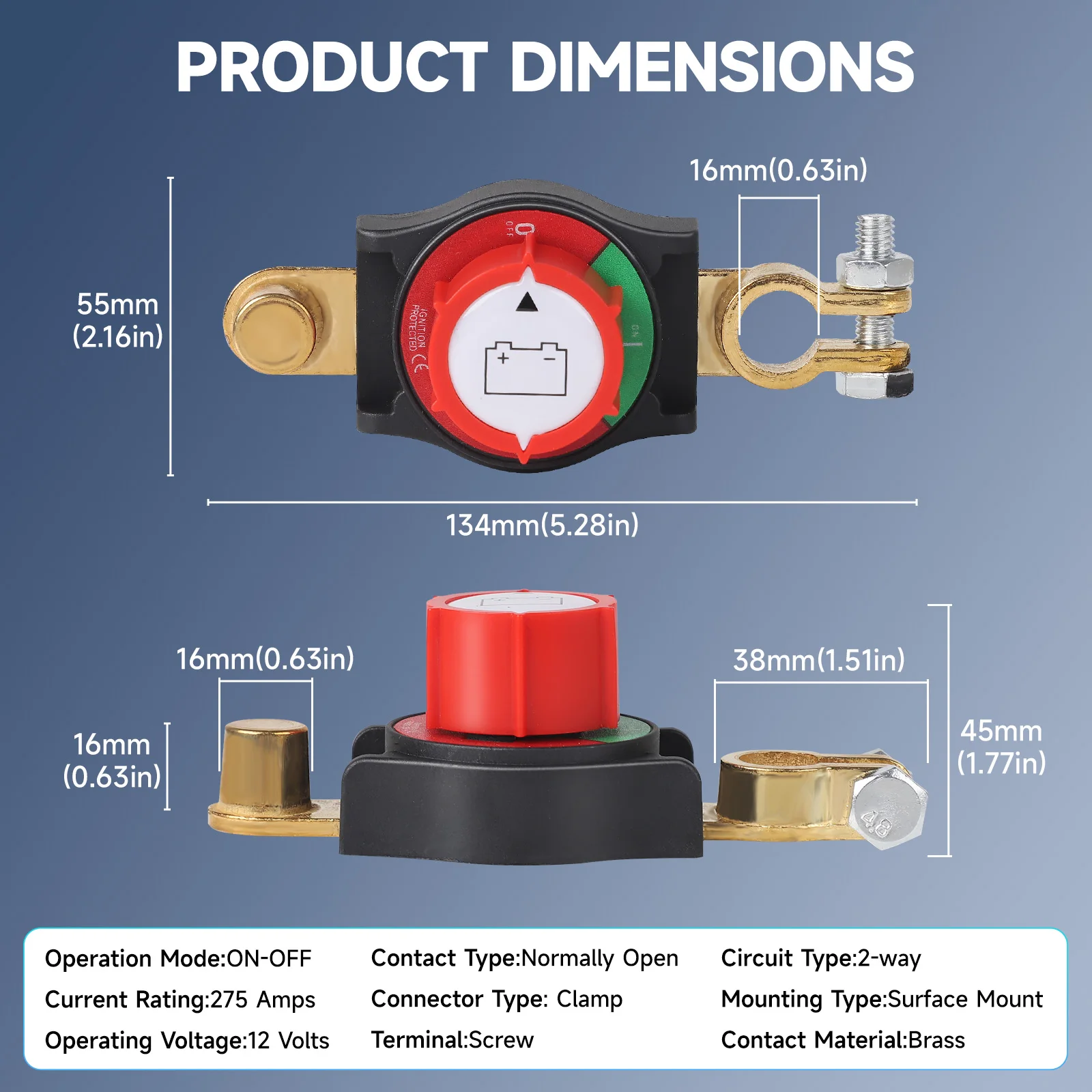 CNSPEED 12-48V 275A Top Post Battery Disconnect Kill Switch Negative Pole On/Off Heavy-Duty Isolator Switch For Car Camper Boat