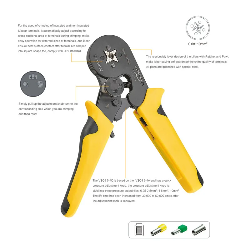 Imagem -05 - Crimping Alicates Grupo 64c 2510 Mm2 23-10awg Crimp Terminal Tubular Combinação Eletricista Ferramentas Manuais Vsc8