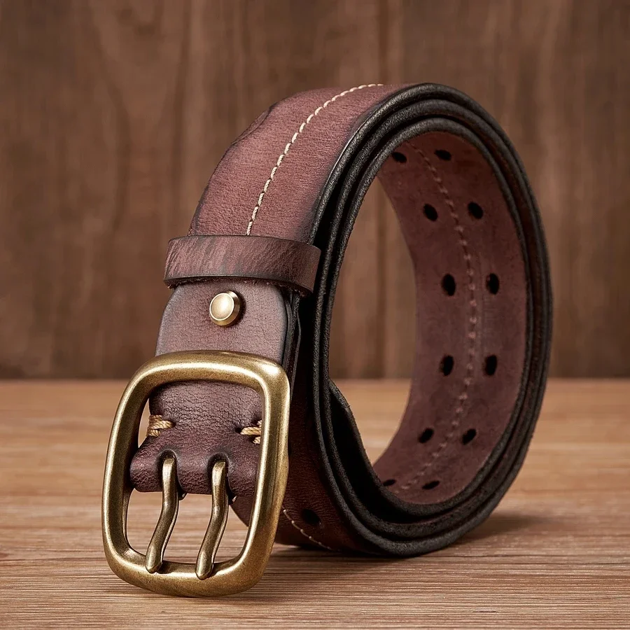 

3.8CM Men High Quality Genuine Leather Belt Luxury Copper Buckle Belts Thickening Pure Cowskin Vintage Strap Male Jeans For Man