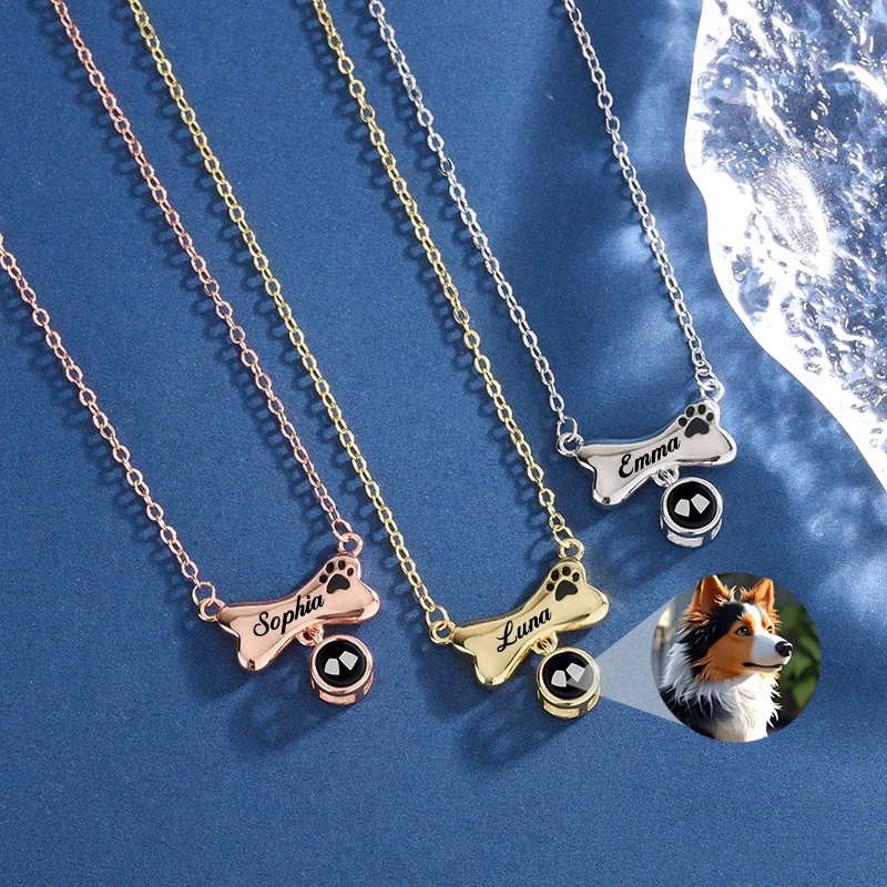 Personalized Photo Necklace Custom Dog Bone with Paw Print Photo Projection Necklace Pet Dog Cat Memorial Necklace for Pet Lover